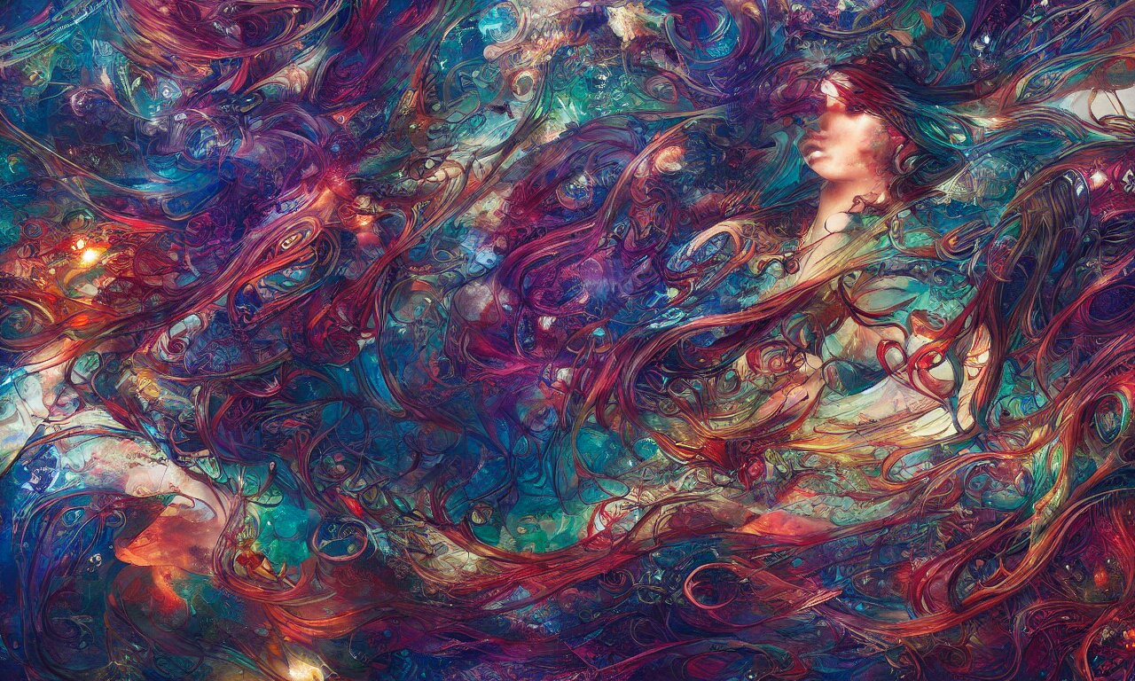 flowing, artwork by android jones and loish, smooth lighting, detailed, wallpaper 
