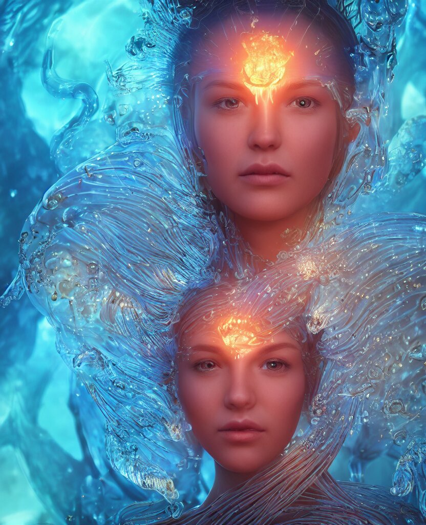 close-up macro portrait of the face of a beautiful princess, epic angle and pose, symmetrical artwork, 3d with depth of field, blurred background, cybernetic jellyfish female face skull phoenix bird, translucent, nautilus, energy flows of water and fire. a highly detailed epic cinematic concept art CG render. made in Maya, Blender and Photoshop, octane render, excellent composition, cinematic dystopian brutalist atmosphere, dynamic dramatic cinematic lighting, aesthetic, very inspirational, arthouse. y Greg Rutkowski, Ilya Kuvshinov, WLOP, Stanley Artgerm Lau, Ruan Jia and Fenghua Zhong
