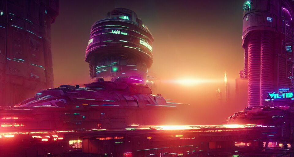 a futuristic space station with a man standing on top of it