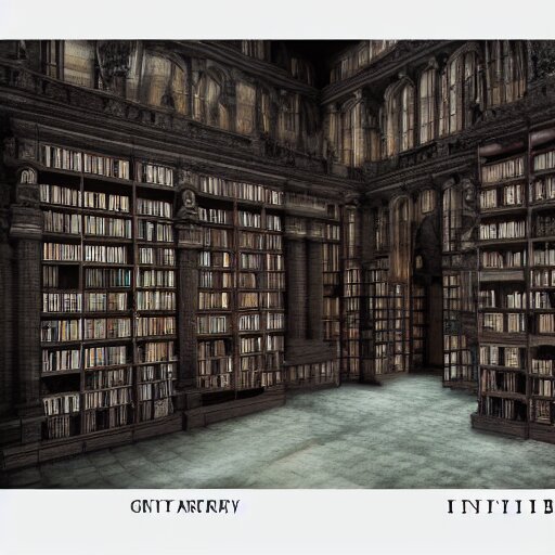 gothic fantasy infinite library, grim dark, octane render, hyperrealism, many floors, 