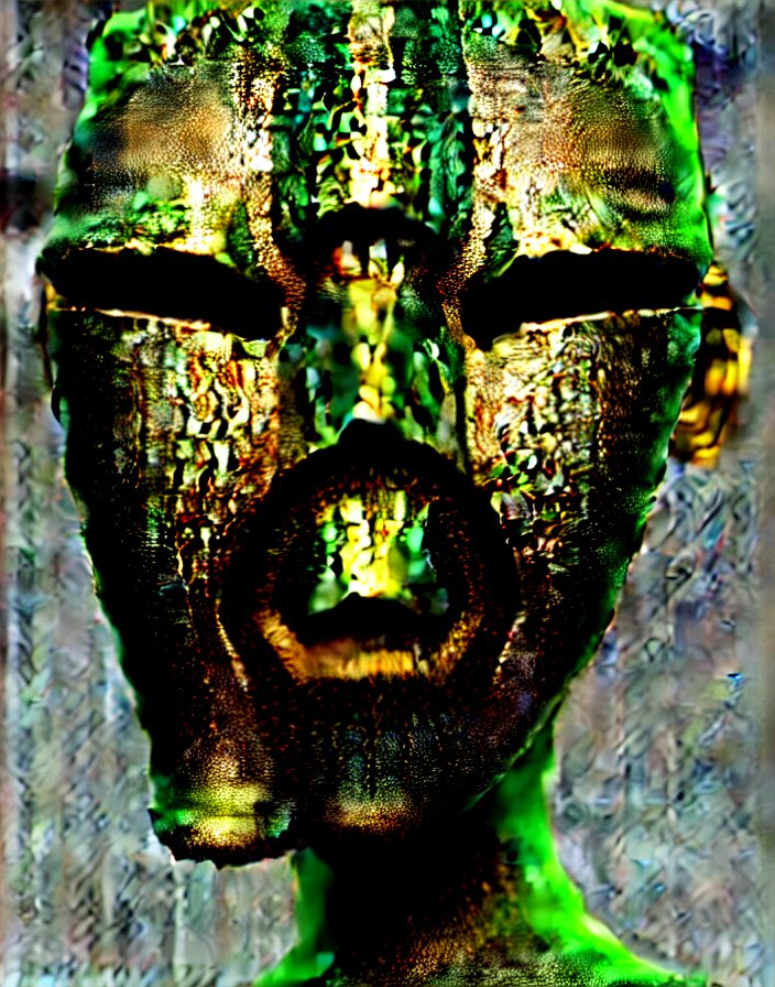 complex 3 d render of a beautiful symmetric porcelain cyberpunk ai face, green black and gold, fractal veins, vegetal dragon cyborg, 1 5 0 mm, beautiful natural soft light, rim light, silver gold fractal details, roots, fine lace, mandelbot fractal, anatomical, glass, facial muscles, elegant, ultra detailed, metallic armor, octane render 