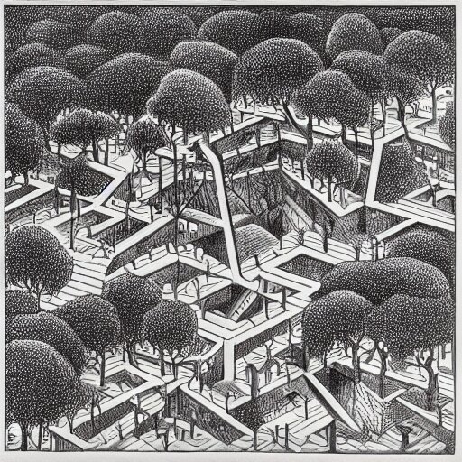 a non - euclidean city by the river with a forest, detailed drawing by m. c. escher 