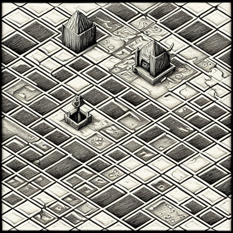 an absurdly-detailed isometric fantasy scene pencil drawing as a fancy square tile
