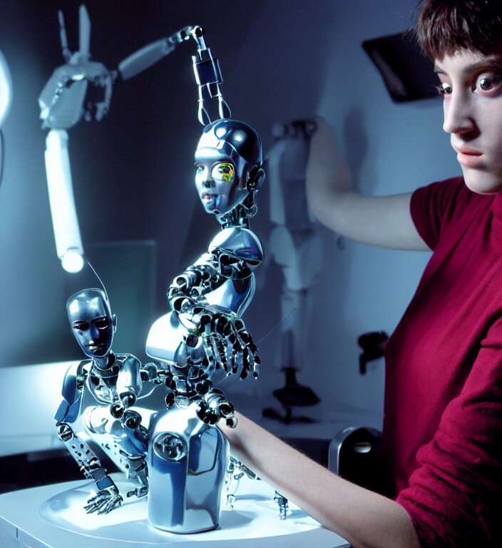 professional 8k soviiiet portrait photograph of a young androgyne-cyborg sculpting a small chrome robot sculpture in a futuristic bright studio, by Raphael Santi, still from a 1999 movie by Gaspar Noé and James Cameron.