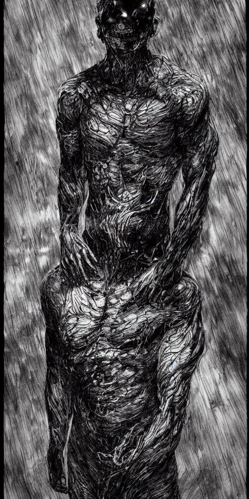 concept art of a man with his body covered in burns, with black smoke coming out of his hands, dark colors, sinister atmosphere, dramatic lighting, cinematic, establishing shot, extremely high detail, photo realistic, cinematic lighting, pen and ink, intricate line drawings, by Yoshitaka Amano, Ruan Jia, Kentaro Miura, Artgerm, post processed, concept art, artstation, matte painting, style by eddie mendoza, raphael lacoste, alex ross,