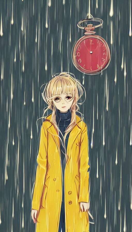 girl in a yellow coat standing in the rain holding a small pocket watch, thick outlines, bright colors, digital art, hard edges, detailed, anime style, dynamic pose, character design, fisheye perspective, high angle, art by sora kim, rinotuna, ilya kuvshinov