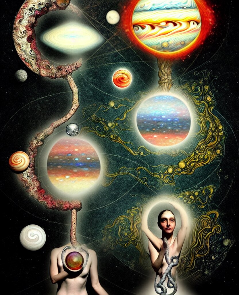 whimsical uncanny creature alchemizes unique canto about'as above so below'being ignited by the spirit of haeckel and robert fludd, breakthrough is iminent, glory be to the magic within, to honor jupiter, surreal collage by ronny khalil 