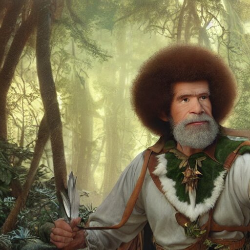 an ultra detailed matte painting of bob ross dressed as a wandering elf druid, silver hawk animal companion, d & d, fantasy concept art by alphonse mucha and greg rutkowski, octane render, 8 k, detailed face 