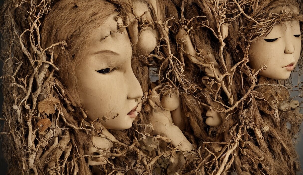 cinematic portrait of a beautiful female jointed handmade wooden art doll, made of wood, dreadlocks with twigs and branches, reaching out to each other, oak trees, oak leaves, acorns, dendritic, ooak, painting by naoto hattori, by fernand khnopff, by raphael, trending on artstation, detailed 