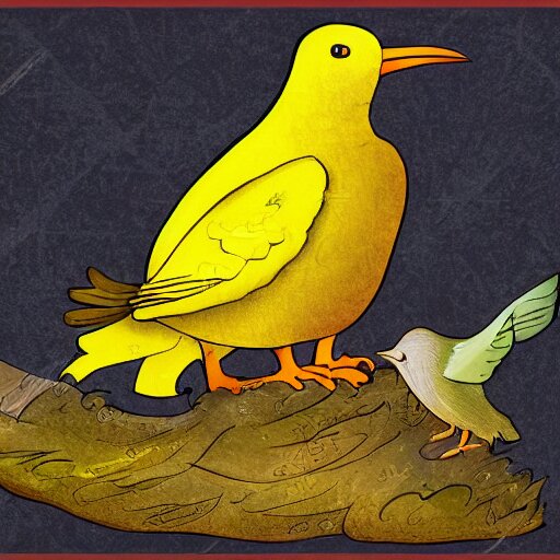 an old man with 7 yellow birds as a fantasy book illustration 