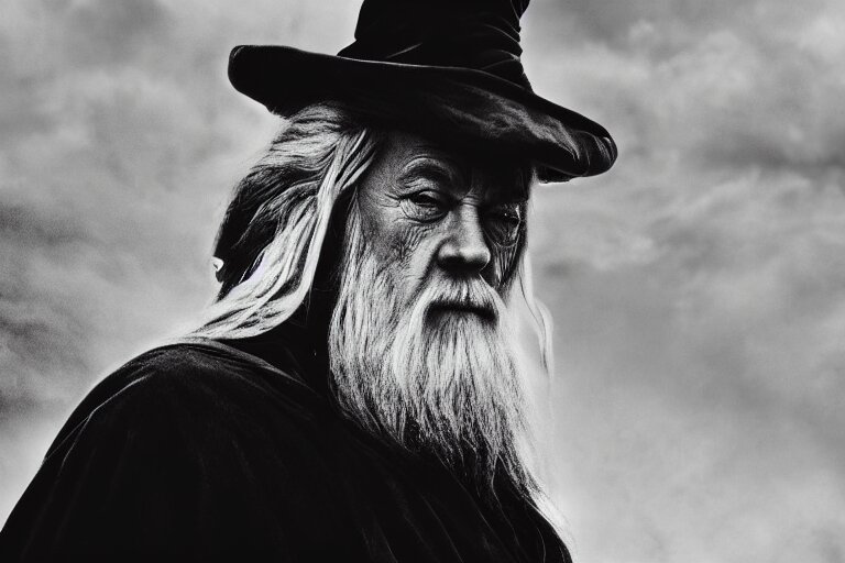 gandalf, in the style of akira kurosawa, cinematic, dramatic lighting, black and white 