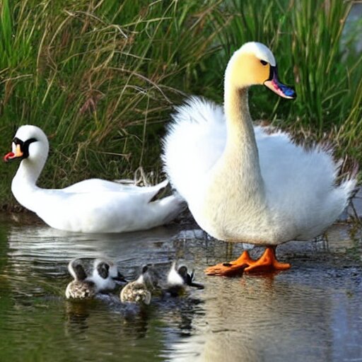 a crossbreed of wild duck and a swan, with chicks, photo 