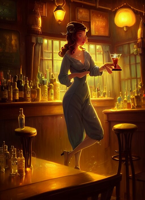 a beautiful barmaid, dimly lit cozy tavern, relaxed pose, fantasy, art deco, detailed painterly digital art style by WLOP and Cory Loftis, 🍸🍋, 8k octane beautifully detailed render, post-processing, extremely hyperdetailed, intricate, epic composition, grim yet sparkling atmosphere, cinematic lighting + masterpiece, trending on artstation, very detailed, vibrant colors
