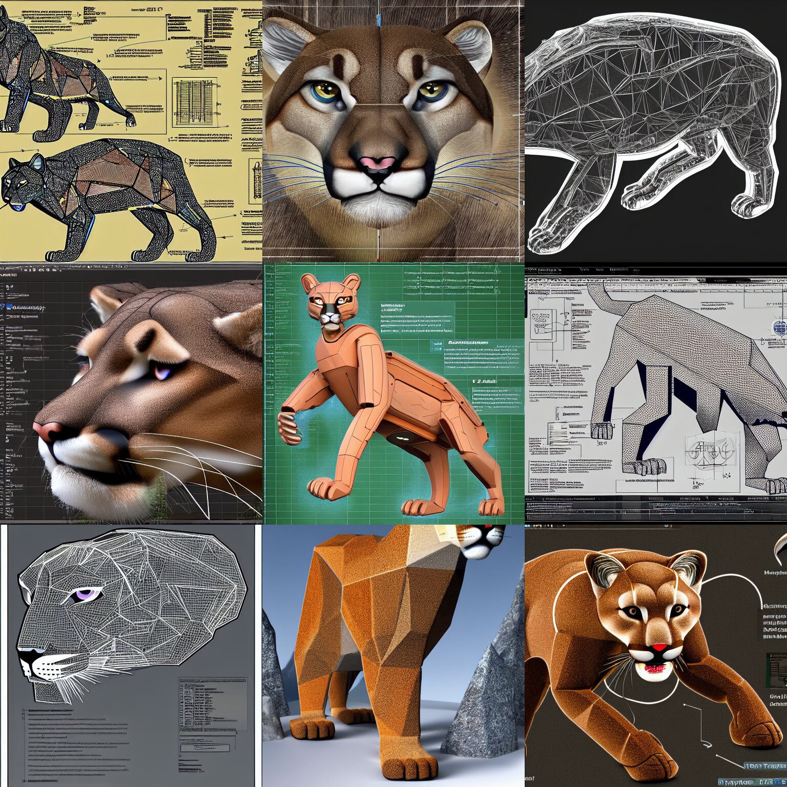 2 2 nd century scientific schematics for a automaton mountain lion, hyper - detailed vector technical documents, callouts, archviz, legend 