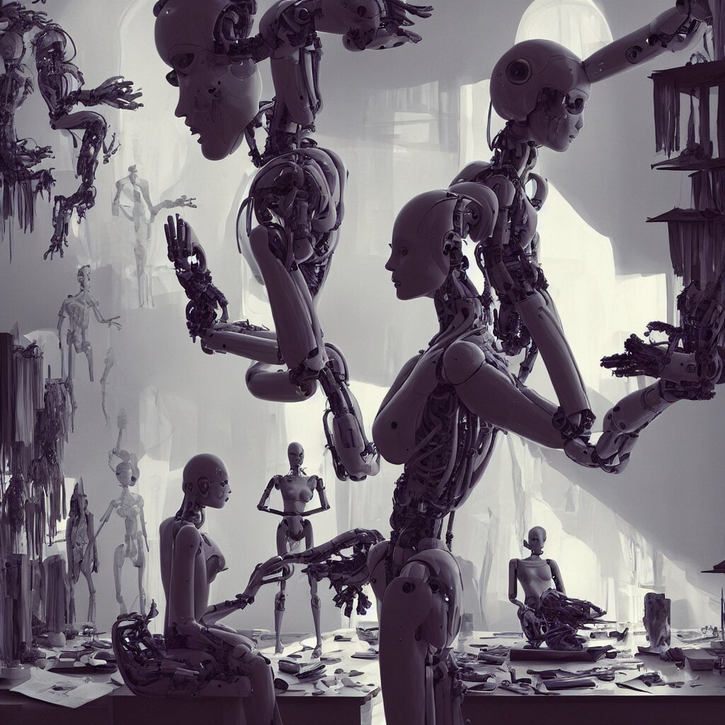 extremely detailed cinematic movie still medium shot of supermodel girl artist working in her studio with human like robot hyperreal skin face by denis villeneuve, wayne barlowe, simon birch, marc simonetti, philippe druillet, beeple, alex grey bright volumetric sunlight, rich moody colors, bokeh 
