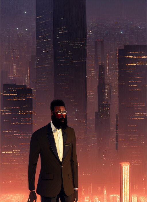 portrait of handsome black genius in tailored suit, urban skyline, low haircut with full beard, supreme mathematics, elegant atmosphere, glowing lights, highly detailed, digital painting, artstation, concept art, smooth, sharp focus, illustration, art by wlop, mars ravelo and greg rutkowski