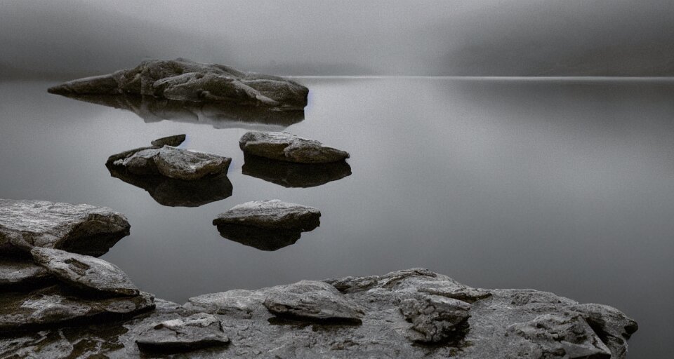extreme low angle camera lens partially submerged in water showing the surface of a lake with a rocky lake shore in the foreground, hexagonal rocks, geometric rocks, scene from a film directed by charlie kaufman ( 2 0 0 1 ), foggy volumetric light morning, extremely moody, cinematic shot on anamorphic lenses 