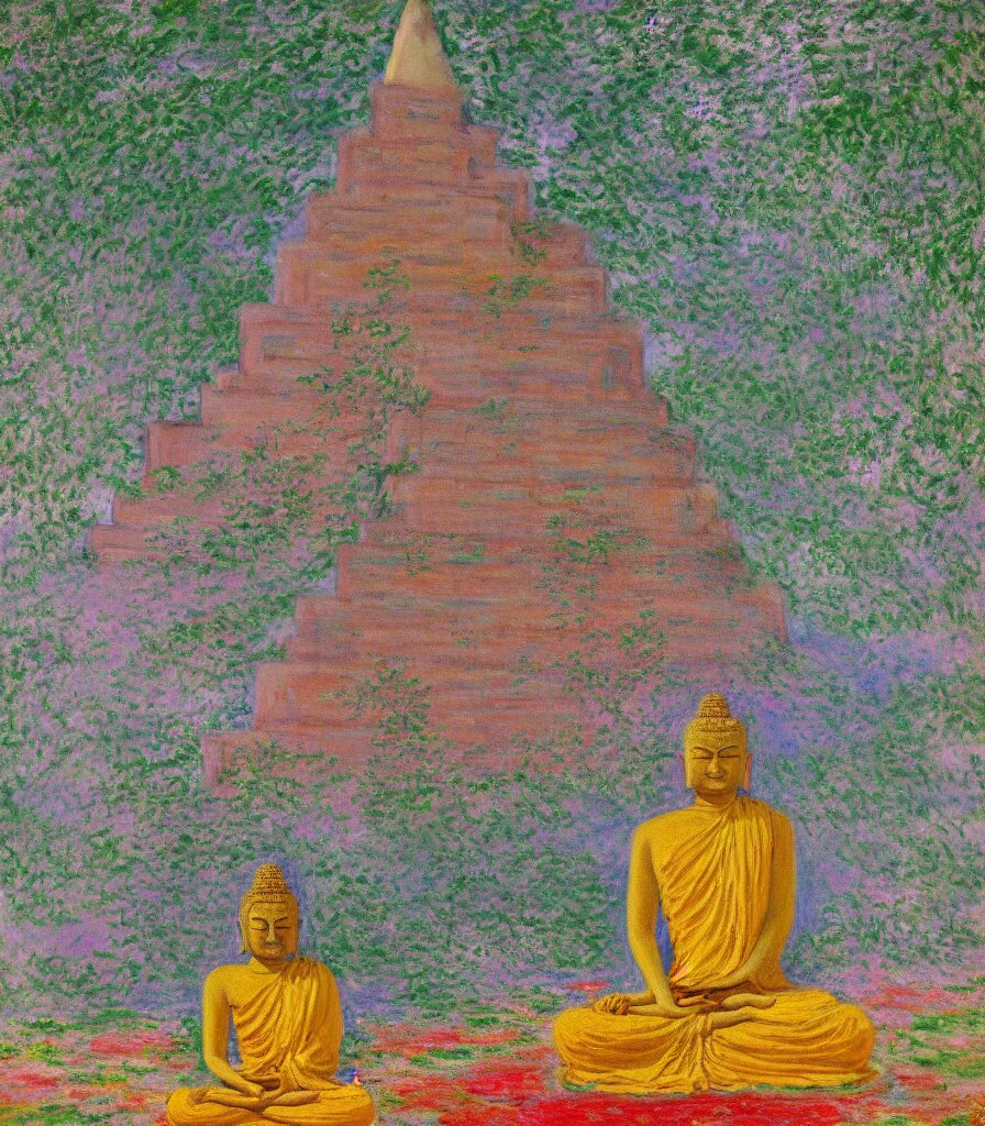 an amazing pictures of a buddha meditating in front of a large mythical pyramid painted by claude monet, high detail, 4 k resolution, strong and vibrant colors, impato oil painting, consciousness 