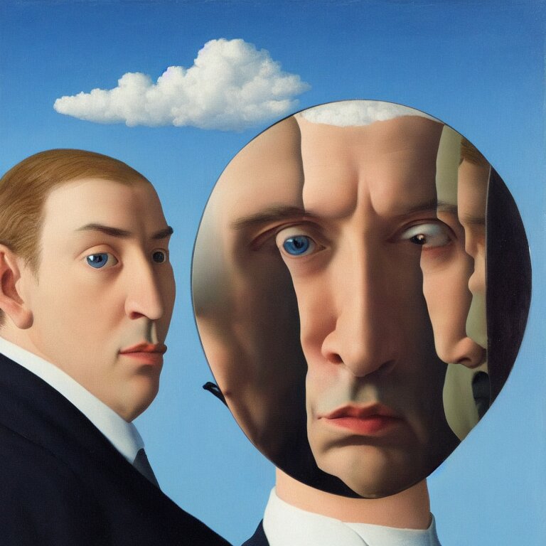portrait of a faceless mirror - head man in a suit, clouds in the background, by rene magritte, detailed painting, distance, middle centered, hd, hq, high resolution, high detail, 4 k, 8 k 
