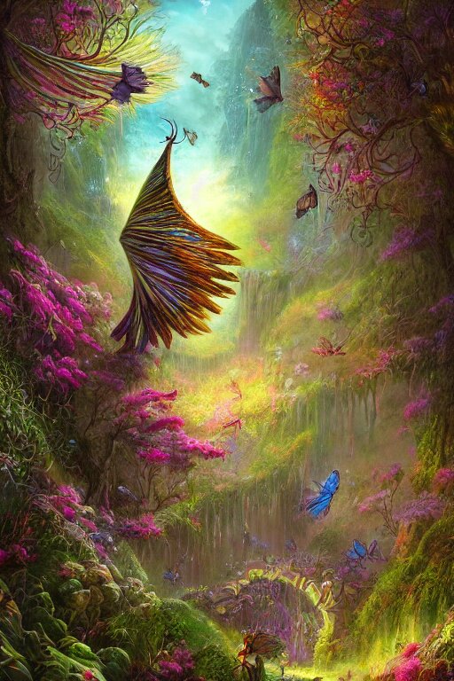 wonderdream faeries lady feather wing digital art painting fantasy bloom vibrant by hubert robert and lee madgwick and roger dean and jacek yerka, dan mumford and alex grey style, soft lighting, 4 k hd wallpaper illustration character design concept colorful joy atmospheric lighting butterfly 
