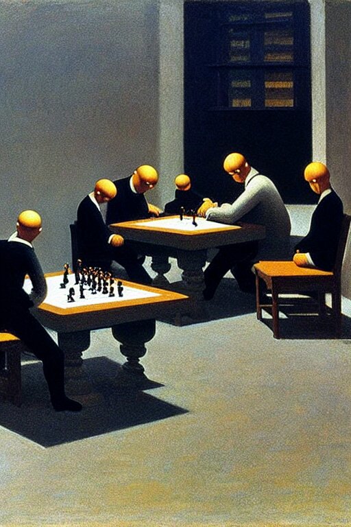 group of men watching a little kid playing chess with a robot, edward hopper and james gilleard zdzislaw beksisnski higly detailed 