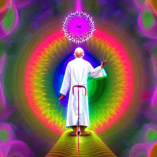 ram dass in a thin white robe with 7 Chakras in his body, Kundalini Energy, Ajna Chakra, neon colors, sacred geometry, surreal, hyper realistic, 3d render, ray tracing