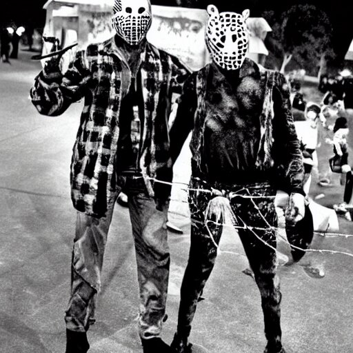 Freddy Kruger and Jason voorhees together having fun at a carnival, campy photo