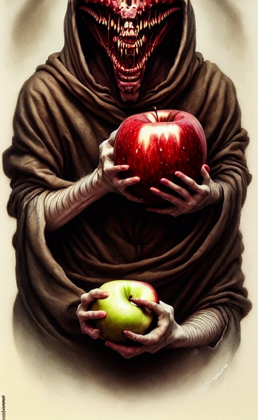 tooth and flesh demon holding an apple gift by anna podedworna, ayami kojima, greg rutkowski, giger, maxim verehin 