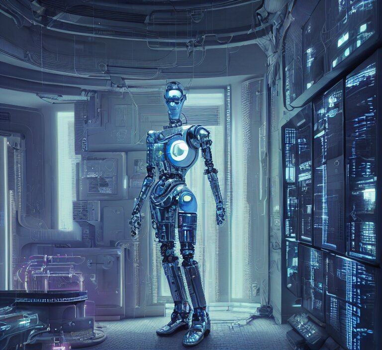 hyperrealism stock photography of highly detailed stylish robot in cyberpunk sci - fi style by gragory crewdson and katsuhiro otomo, mike winkelmann with many details by josan gonzalez working at the highly detailed data center by mike winkelmann and laurie greasley hyperrealism stock photo on dsmc 3 system rendered in blender and octane render 