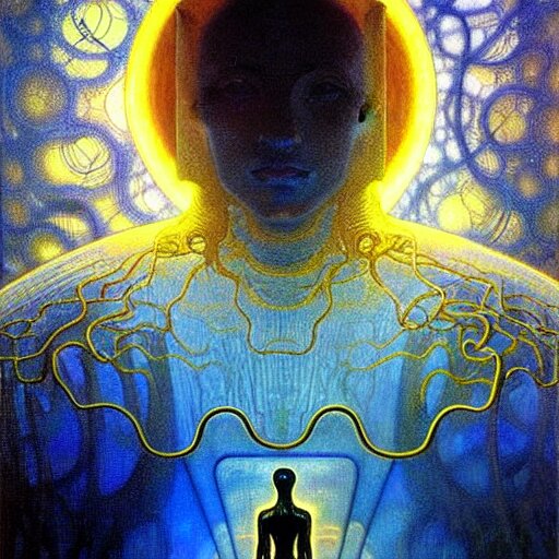 realistic extremely detailed portrait painting of a glowing male silhouette, futuristic sci-fi landscape on background by Jean Delville, Amano, Yves Tanguy, Alphonse Mucha, Ernst Haeckel, Edward Robert Hughes, Roger Dean, rich moody colours, blue eyes