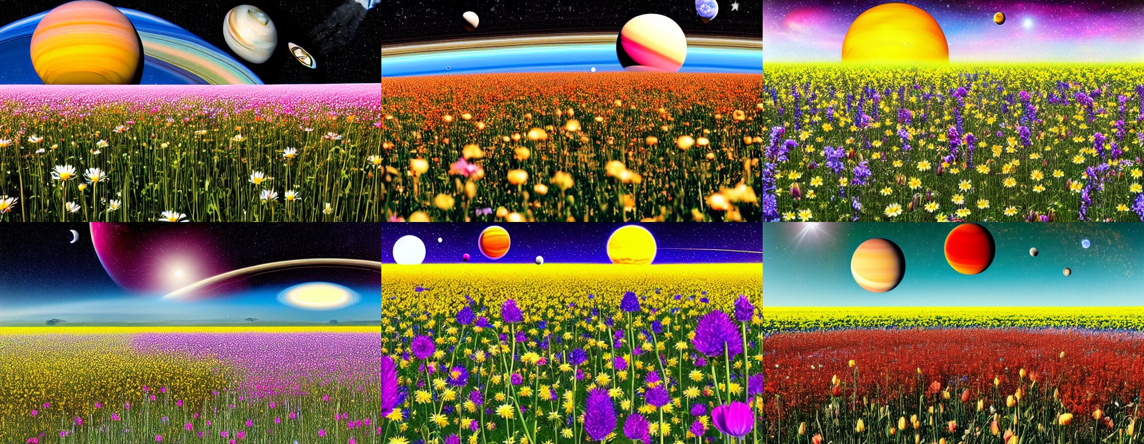 Field of flowers with the planet Saturn in sky above