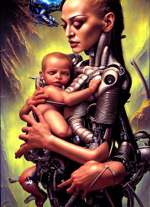 realistic detailed image of futuristic cyborg-madonna holding a newborn baby child in hands by Raphael Santi, by Ayami Kojima, Amano, Karol Bak, Greg Hildebrandt, and Mark Brooks, Neo-Gothic, gothic, rich deep colors. Beksinski painting, part by Adrian Ghenie and Gerhard Richter. art by Takato Yamamoto. masterpiece
