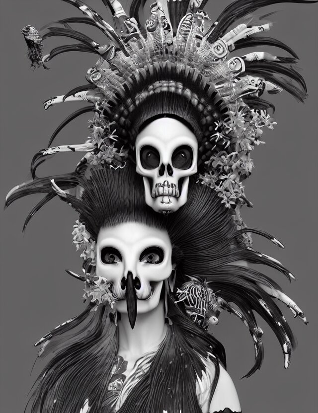 3 d goddess close - up profile simple portrait punk skull with mohawk with ram skull. beautiful intricately detailed japanese crow kitsune mask and clasical japanese kimono. betta fish, jellyfish phoenix, bio luminescent, plasma, ice, water, wind, creature, artwork by tooth wu and wlop and beeple and greg rutkowski 