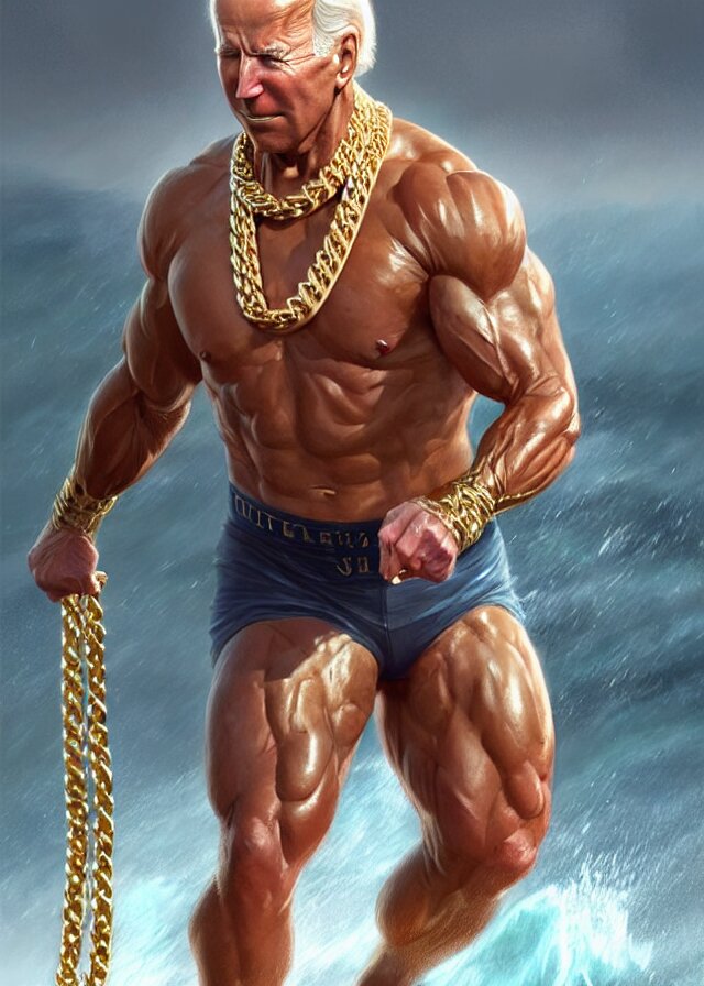 Joe Biden Wears Cycling Shorts and Gold Chains Walking on Water - Elegant, Real Life Skin by Artstation, Intricate, High Detailed, Art by Greg Rutkowski - Smooth, Sharp Focus by Artgerm and Greg Rutkowski. make it more gritty and realistic