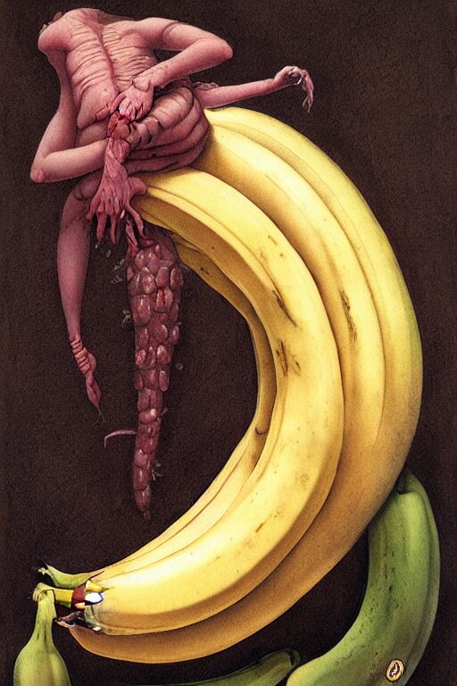 A Bananas In The Style Of Wayne Barlowe, Gustav Moreau, Gauard, Bussiere, Roberto Ferri, Santiago Caruso, Luis Ricardo Falero, And Austin Osman Spare - In An Old Movie Theater. in an old movie theater