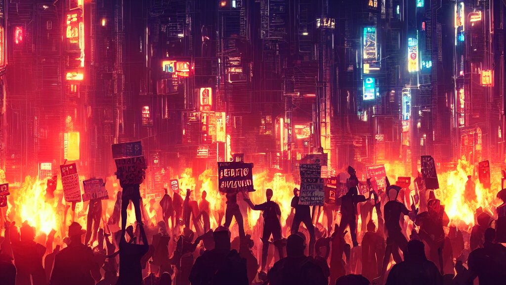 angry protesters holding placards, digital illustration by greg rutkowski, fire, android netrunner, nighttime, cyberpunk city background, colored lighting 