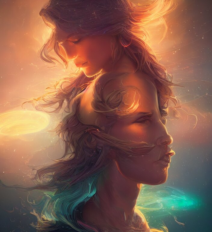 centered waist up portrait photography of angel and glowing outlines, m dissolve to energy particles of light and bokeh and strong / dof and 8 k, photorealistic and composition by peter mohrbacher and line work by dan mumford, ultra realistic and backlit and strong rimlight, sunset and hdri, hd, photoreal 