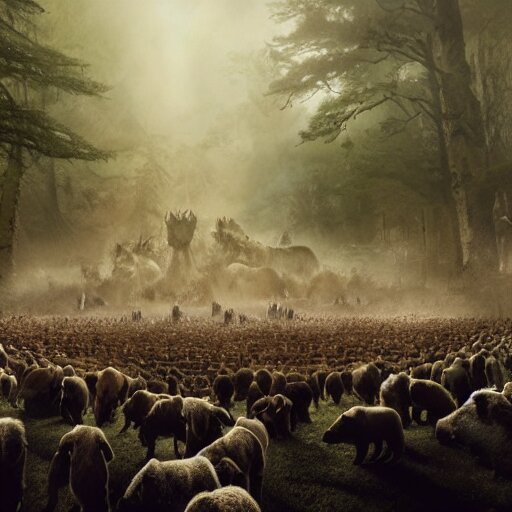 an army of bears facing an army of bulls, magical forest, fantasy, Ireland, England, king Arthur, Lord of the rings, cinematic, realistic style, beautiful, majestic, dramatic lighting, early morning, dawn CGsociety, realistic, hyper maximalist, golden ratio, octane render, rule of thirds, wide shot , 8k resolution, epic volumetric light, cinematography, concept art, Artstation trending, environments, fantasy