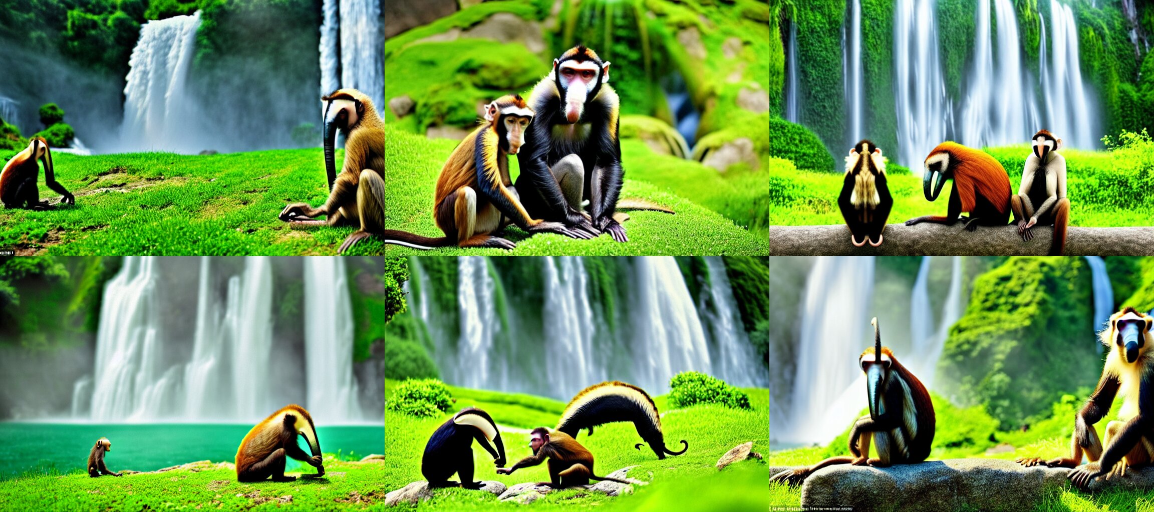 two animals : a anteater and a monkey, sitting in a meadow with a waterfall in the background, many details, high quality, 8 k 