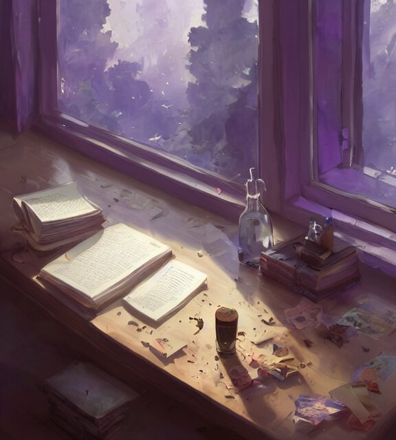 digital art of books on a desk with a window in the background showing the summer scenery 