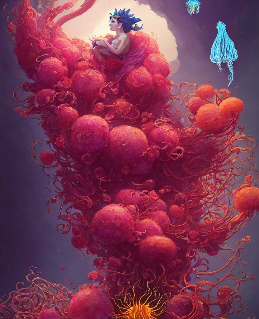 vibrant and contrast photorealistic 3d fancy portrait of a queen of death giant floating flower and jellyfish by Greg Rutkowski, Sung Choi, Mitchell Mohrhauser, Maciej Kuciara, Johnson Ting, Maxim Verehin, Peter Konig, Bloodborne, beeple, 8k photorealistic, cinematic lighting, HD, high details, atmospheric , trending on artstation. made in Maya, Blender and Photoshop, octane render, excellent composition, cinematic dystopian brutalist atmosphere, dynamic dramatic cinematic lighting, aesthetic, very inspirational, gloomy mood. Greg Rutkowski, Ilya Kuvshinov, WLOP, Stanley Artgerm Lau, Ruan Jia and Fenghua Zhong. high contrast
