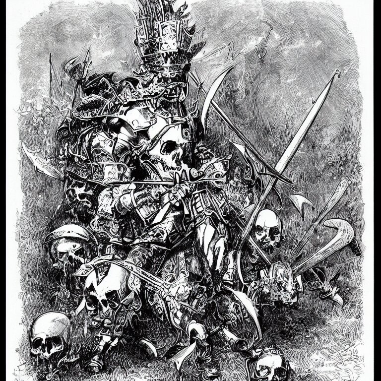 a walther caspari illustartion in lustige blatter in 1 8 9 9 of a barbarian armored with swords and metal skulls, black and white pen an ink drawing 