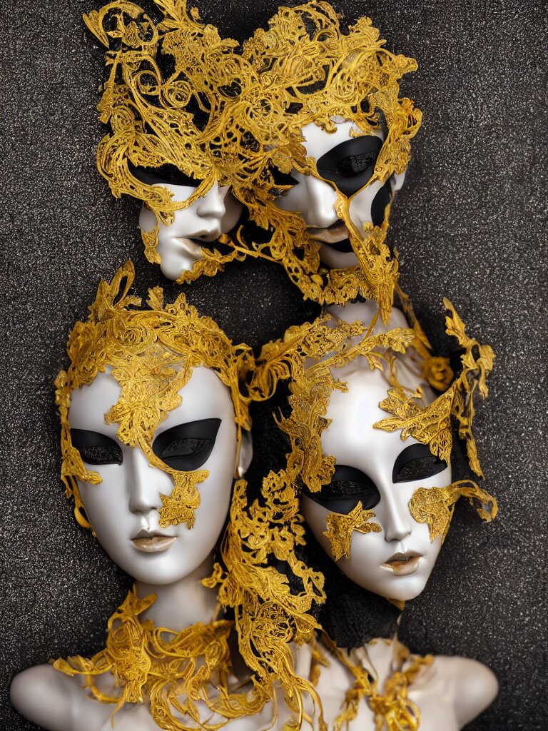 a beautifully sculpted mannequin made of onyx with gold lace masquerade face mask, ornamented, opulent, kintsugi, confident, serene desert setting, innovative avant - garde art, photorealistic portrait, crisp quality and light reflections, clean linework, finely detailed, 4 k, rule of thirds, trending on artstation, volumetric lighting, octane render 