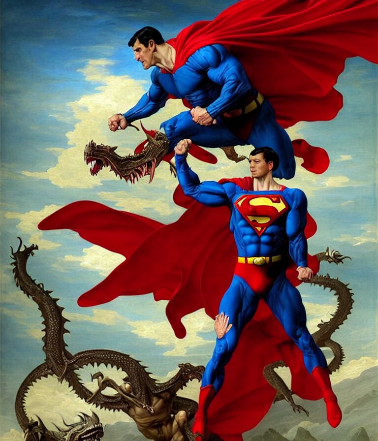 Renaissance Painting of Aggressive Evil Superman Strangling a Nordic Dragon, D&D, Crossfit, Fitness, Tech Suit, Tight Wrinkled Spandex, Blue and Red Color Scheme, Fantasy, In intricate, Elegant, Highly Detailed, Digital Painting, Artstation, Concept Art, Smooth, Sharp Focus, Illustration, Art by Artgerm and Greg. turn it into a Mixed Media Painting