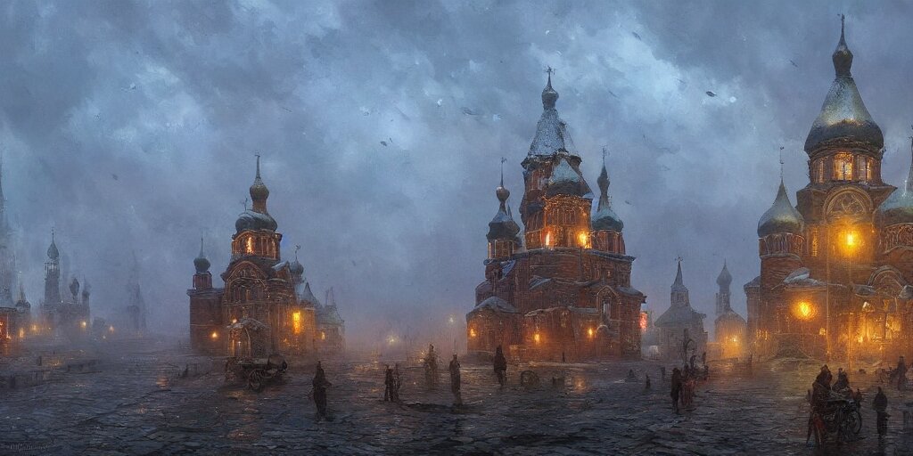 Beautiful magical Old Rus city of Kitezh in mist, magic lights, strange buildings, oil painting, concept art, fantasy cityscape, ancient Russian architecture, art by Ted Nasmith and James Gurney, hyperborea, high resolution, trending on artstation