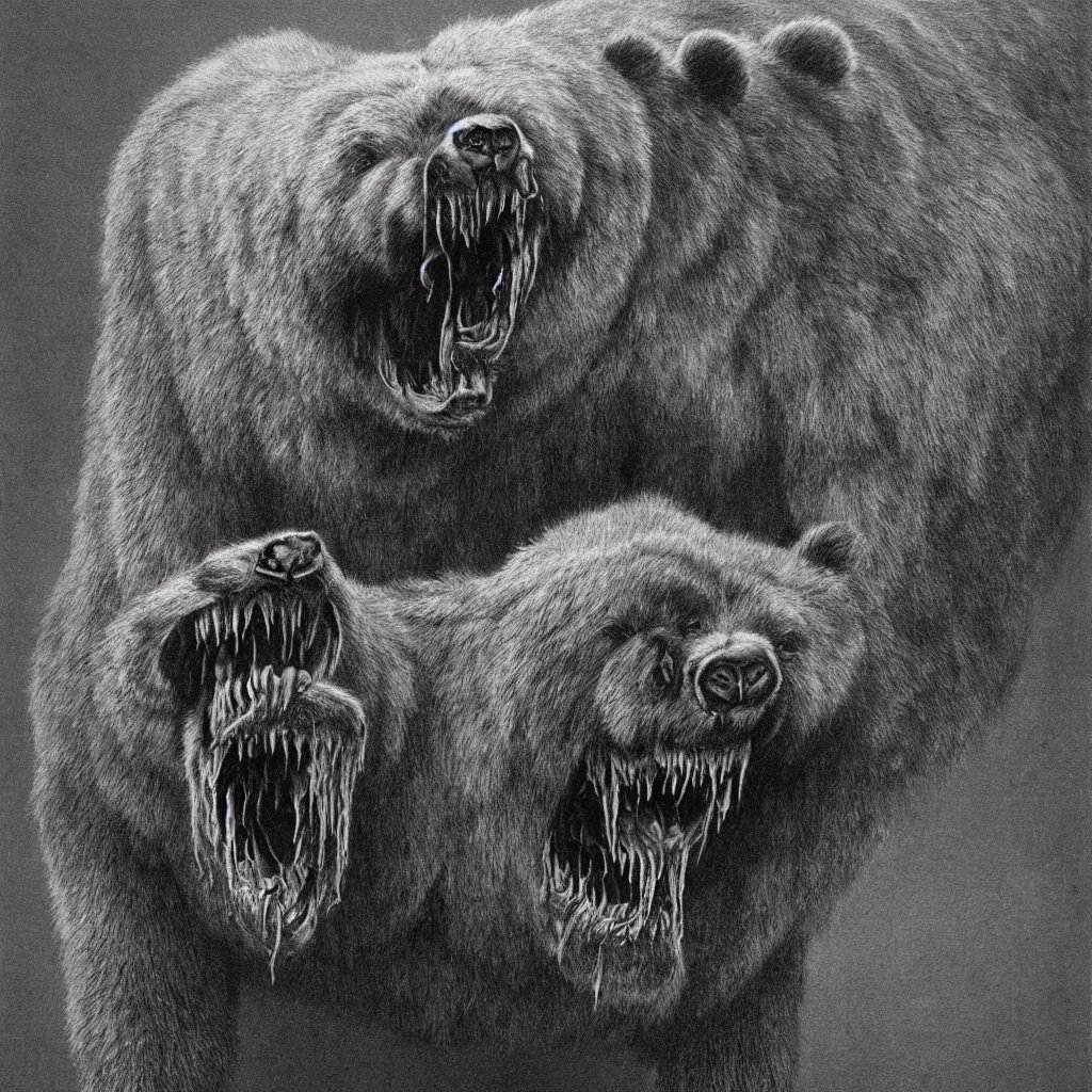 horrifying bear creature, fangs, style of zdislaw beksinski 