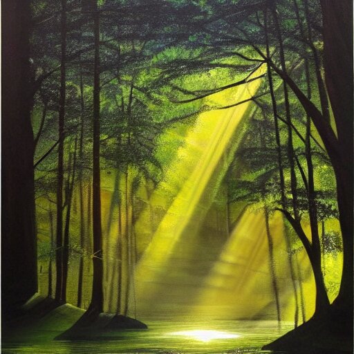 forest, sun rays, with a river sparkling acryl painting 4 k 