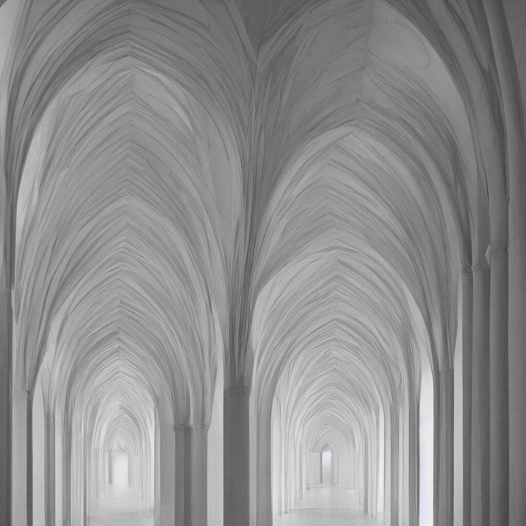 photograph of a symmetrical hallway with multiple arches, pastel hues, minimalist, architecture magazine, dezeen, 50mm, pentax, film