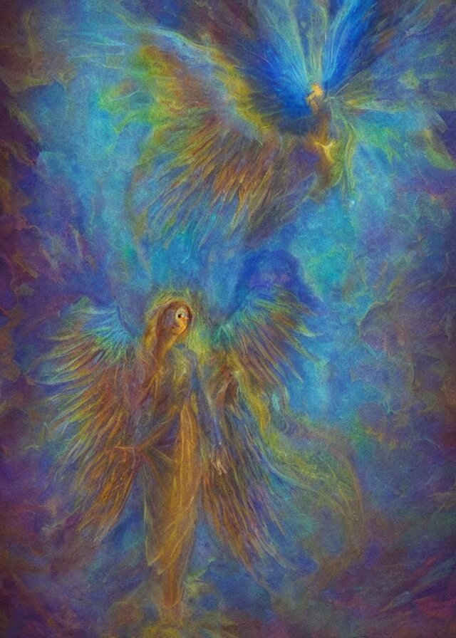 last seraphim of the golden mythos beloved (expressionist) (dreamy) gnostic fog, award winning oil painting, chromatic aberration