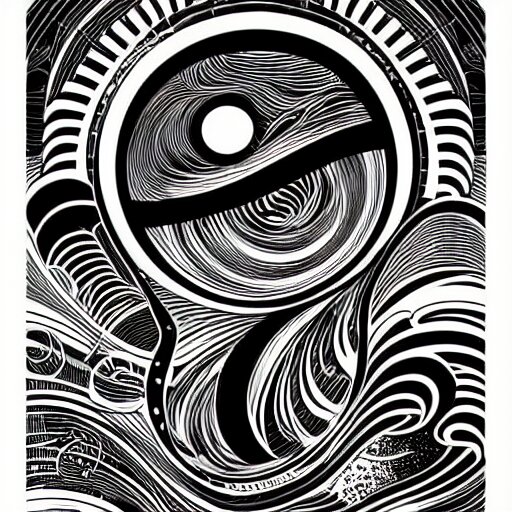black and white circular logo, in the style of Victo Ngai, Kilian Eng and by Jake Parker, swirly vibrant lines, winning-award masterpiece,-W 512